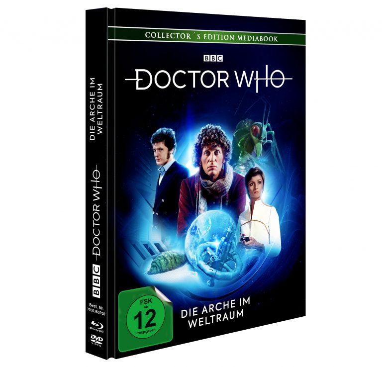 Blu-ray/DVD-Cover von Doctor Who: Die Arche im Weltraum. Tom Baker als vierter Doktor in einer klassischen Geschichte mit gigantischen Insekten und einer bedrohten Menschheit. BBC-Edition mit FSK 12 Freigabe