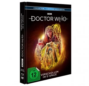 Blu-ray/DVD-Cover von Doctor Who: Verschollen im E-Space. Tom Baker als vierter Doktor in einem Science-Fiction-Abenteuer mit Romana und K-9. BBC-Edition mit FSK 12 Freigabe.