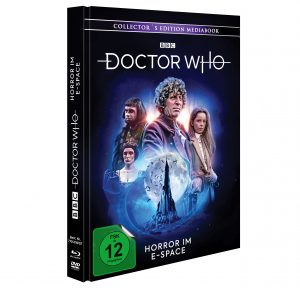Blu-ray/DVD-Cover von Doctor Who: Horror im E-Space. Tom Baker als vierter Doktor in einem düsteren Abenteuer mit Vampiren und einer gotischen Atmosphäre. BBC-Edition mit FSK 12 Freigabe.