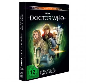 Blu-ray/DVD-Cover von Doctor Who: Flucht aus dem E-Space. Ein klassisches Science-Fiction-Abenteuer mit Tom Baker als vierter Doktor, Romana und K-9. BBC-Edition mit FSK 12 Freigabe.