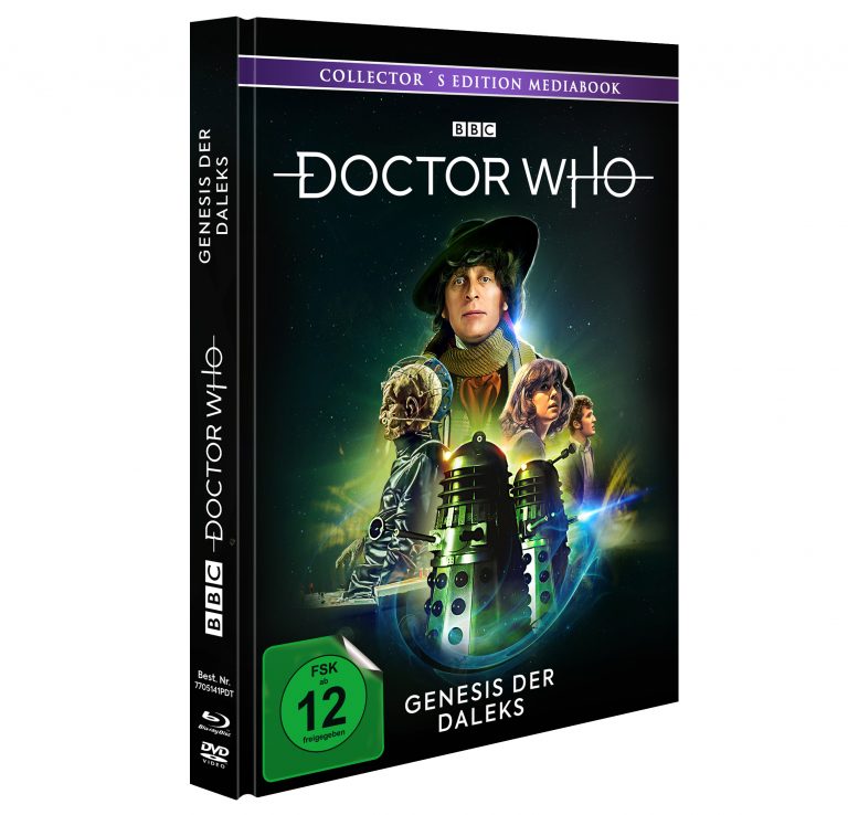 Blu-ray/DVD-Cover von Doctor Who: Genesis der Daleks. Tom Baker als vierter Doktor in einer der berühmtesten Geschichten der Serie, die die Ursprünge der Daleks und Davros enthüllt. BBC-Edition mit FSK 12 Freigabe