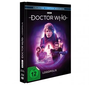 Blu-ray/DVD-Cover von Doctor Who: Logopolis. Das letzte Abenteuer von Tom Baker als vierter Doktor, mit dem Master und der Einführung von Peter Davison. BBC-Edition mit FSK 12 Freigabe.