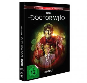 Blu-ray/DVD-Cover von Doctor Who: Meglos. Tom Baker als vierter Doktor trifft auf einen gestaltwandelnden Kakteen-Antagonisten in einer klassischen Episode. BBC-Edition mit FSK 12 Freigabe.