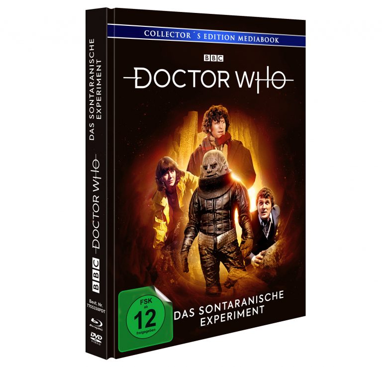 Blu-ray/DVD-Cover von Doctor Who: Das sontaranische Experiment. Tom Baker als vierter Doktor trifft auf die kriegerischen Sontaraner in einem düsteren Überlebenskampf. BBC-Edition mit FSK 12 Freigabe.