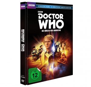 Doctor Who – Die Höhlen von Androzani (Collector's Edition Mediabook). Das Cover zeigt den fünften Doctor (Peter Davison) mit Charakteren und Gegnern aus der Episode vor einem goldenen, futuristischen Hintergrund mit Planeten und Lichteffekten. Veröffentlicht von der BBC, inklusive DVD, FSK 12 freigegeben.