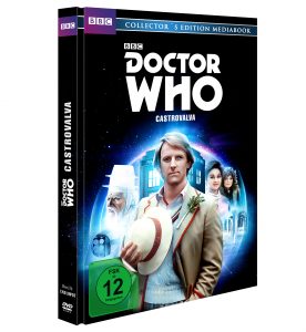 DVD-Cover von Doctor Who: Castrovalva. Peter Davison debütiert als fünfter Doktor in diesem surrealen Auftakt-Abenteuer. BBC-Edition mit FSK 12 Freigabe.