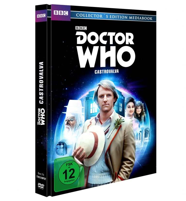 DVD-Cover von Doctor Who: Castrovalva. Peter Davison debütiert als fünfter Doktor in diesem surrealen Auftakt-Abenteuer. BBC-Edition mit FSK 12 Freigabe.