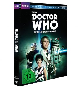 DVD-Cover von Doctor Who: Die Auferstehung der Daleks. Klassiker mit Peter Davison als fünfter Doktor, inklusive Daleks und Davros. BBC-Edition mit FSK 12 Freigabe.