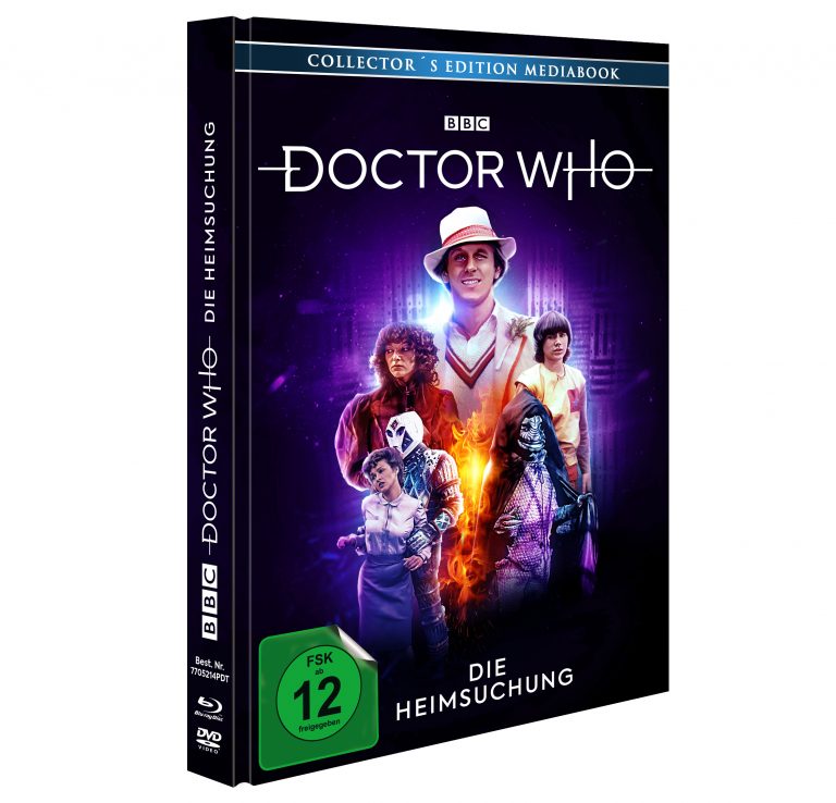Blu-ray/DVD-Cover von Doctor Who: Die Heimsuchung. Ein düsteres Abenteuer mit dem fünften Doktor, Peter Davison, und einer Begegnung mit den Terileptilen. BBC-Edition mit FSK 12 Freigabe.