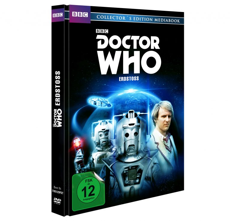 DVD-Cover von Doctor Who: Erdstoß. Deutsche Veröffentlichung mit Peter Davison als fünfter Doktor, inklusive Cybermen und einem bedrohlichen Weltraum-Szenario. BBC-Edition mit FSK 12 Freigabe.