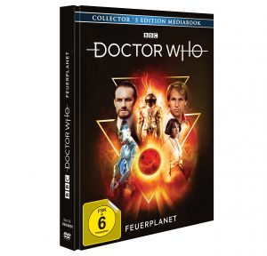 DVD-Cover von Doctor Who: Feuerplanet. Deutsche Veröffentlichung mit Peter Davison als fünfter Doktor, featuring den Master und die Roboter von Xeriphas. BBC-Edition mit FSK 6 Freigabe.