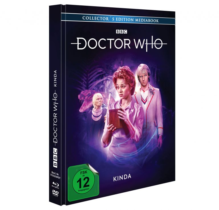 Blu-ray/DVD-Cover von Doctor Who: Kinda. Ein philosophisches Abenteuer mit Peter Davison als fünfter Doktor und einer mystischen Geschichte um die Mara. BBC-Edition mit FSK 12 Freigabe.