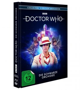 Blu-ray/DVD-Cover von Doctor Who: Die schwarze Orchidee. Klassische Episode mit Peter Davison als fünfter Doktor, in einem historischen Krimi mit Maskenball-Atmosphäre. BBC-Edition mit FSK 12 Freigabe.