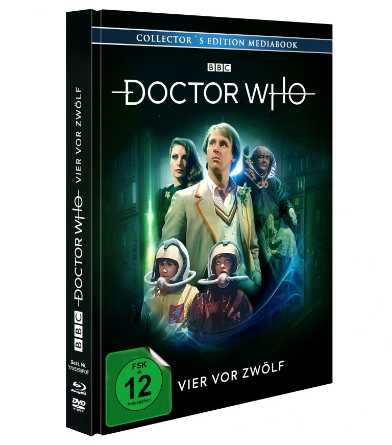 Blu-ray/DVD-Cover von Doctor Who: Vier vor Zwölf. Eine spannende Geschichte mit Peter Davison als fünfter Doktor, inklusive Zeitreise-Dilemma und bedrohlicher Bedrohung. BBC-Edition mit FSK 12 Freigabe.