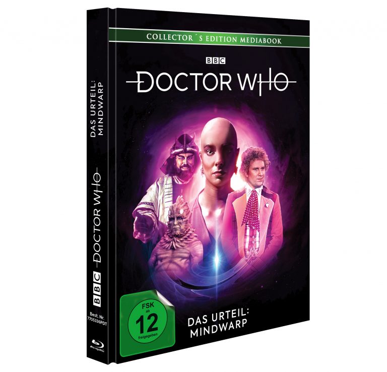 Doctor Who – Das Urteil: Mindwarp (Collector's Edition Mediabook). Das Cover zeigt den sechsten Doctor (Colin Baker) mit ikonischer bunter Jacke, umgeben von Figuren und Gegnern aus der Episode, darunter Sil und die Mentoren, vor einem pink-violetten, futuristischen Hintergrund. Veröffentlicht von der BBC, inklusive Blu-ray, FSK 12 freigegeben.