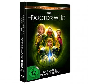 Doctor Who – Das Urteil: Vervoid Terror (Collector's Edition Mediabook). Das Cover zeigt den sechsten Doctor (Colin Baker) mit seiner Begleiterin Mel und den Vervoids, pflanzenähnlichen Gegnern aus der Episode, vor einem grünen, futuristischen Hintergrund. Veröffentlicht von der BBC, inklusive Blu-ray, FSK 12 freigegeben.