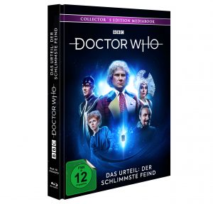 Doctor Who – Das Urteil: Der schlimmste Feind (Collector's Edition Mediabook). Das Cover zeigt den sechsten Doctor (Colin Baker) in seiner bunten Jacke, umgeben von Verbündeten und Gegnern aus der Episode vor einem blauen, futuristischen Hintergrund. Veröffentlicht von der BBC, inklusive Blu-ray, FSK 12 freigegeben.