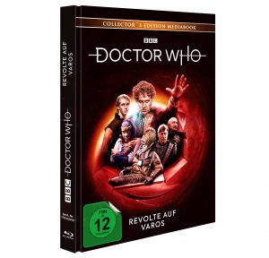 Doctor Who – Revolte auf Varos (Collector's Edition Mediabook). Das Cover zeigt den sechsten Doctor (Colin Baker) in dramatischer Pose, umgeben von Charakteren und Kreaturen aus der Episode, darunter Sil, vor einem roten, futuristischen Hintergrund. Veröffentlicht von der BBC, inklusive Blu-ray, FSK 12 freigegeben.
