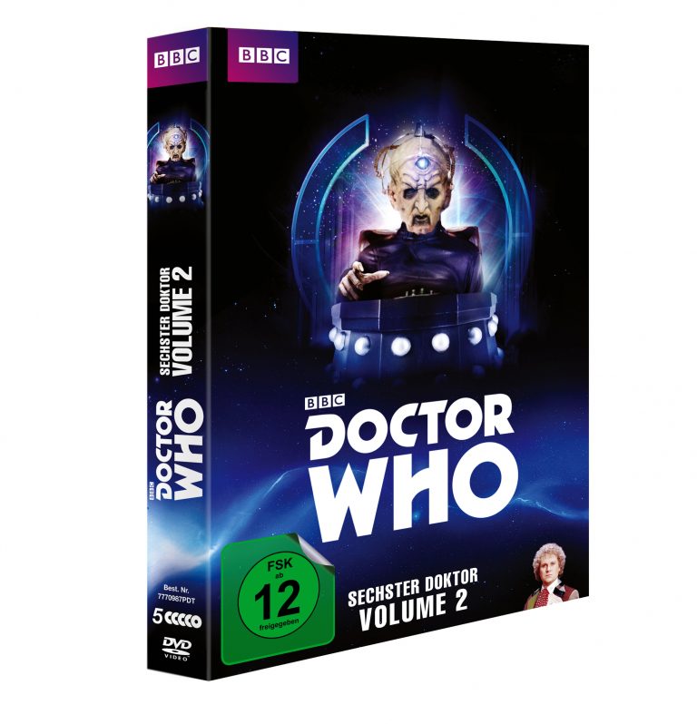 Doctor Who – Sechster Doktor Volume 2 (DVD). Das Cover zeigt den sechsten Doctor (Colin Baker) und Davros, den Schöpfer der Daleks, vor einem blauen, futuristischen Hintergrund. Veröffentlicht von der BBC, FSK 12 freigegeben.