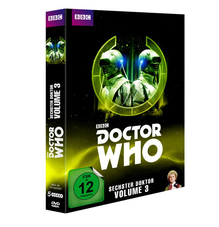 Doctor Who – Sechster Doktor Volume 3 (DVD). Das Cover zeigt den sechsten Doctor (Colin Baker) in seiner bunten Jacke und zwei futuristische Wachen vor einem grün-gelben, futuristischen Hintergrund. Veröffentlicht von der BBC, FSK 12 freigegeben.