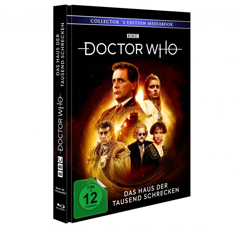 Doctor Who – Das Haus der tausend Schrecken (Collector's Edition Mediabook). Das Cover zeigt den siebten Doctor (Sylvester McCoy) in einer dramatischen Pose, umgeben von Charakteren aus der Episode vor einer unheimlichen Schlosskulisse. Veröffentlicht von der BBC, inklusive Blu-ray, FSK 12 freigegeben.