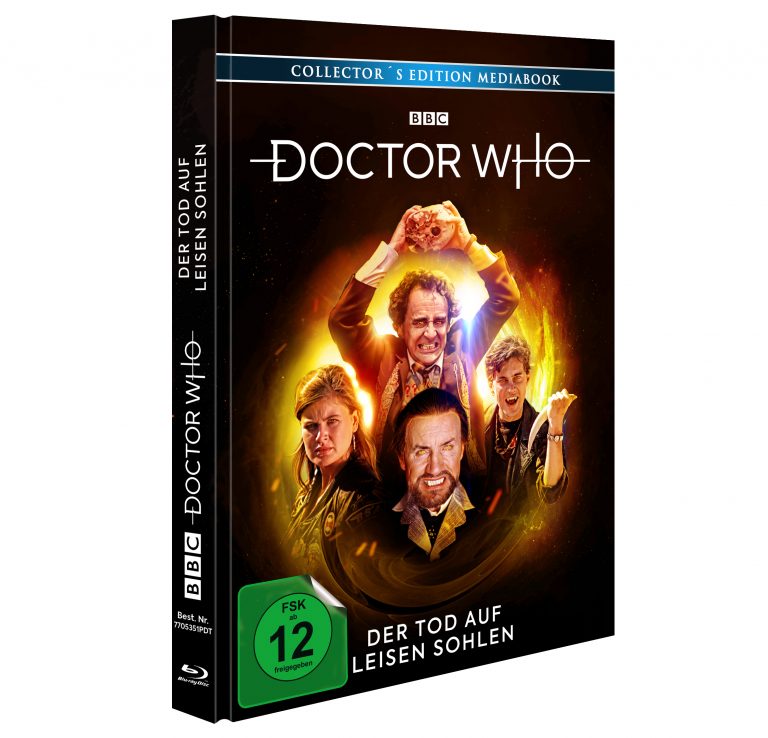 Doctor Who – Der Tod auf leisen Sohlen (Collector's Edition Mediabook). Das Cover zeigt den sechsten Doctor (Colin Baker) mit ikonischer Pose, umgeben von weiteren Charakteren aus der Episode. Veröffentlicht von der BBC, inklusive Blu-ray, FSK 12 freigegeben.