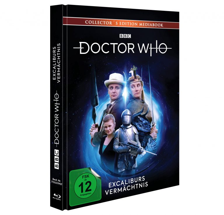 Doctor Who – Excaliburs Vermächtnis (Collector's Edition Mediabook). Das Cover zeigt den siebten Doctor (Sylvester McCoy) und seine Begleiterin, umgeben von Rittern und mittelalterlichen Motiven. Im Hintergrund sind Sci-Fi-Elemente und ein mystischer blauer Wirbel zu sehen. Veröffentlicht von der BBC, inklusive Blu-ray, FSK 12 freigegeben.