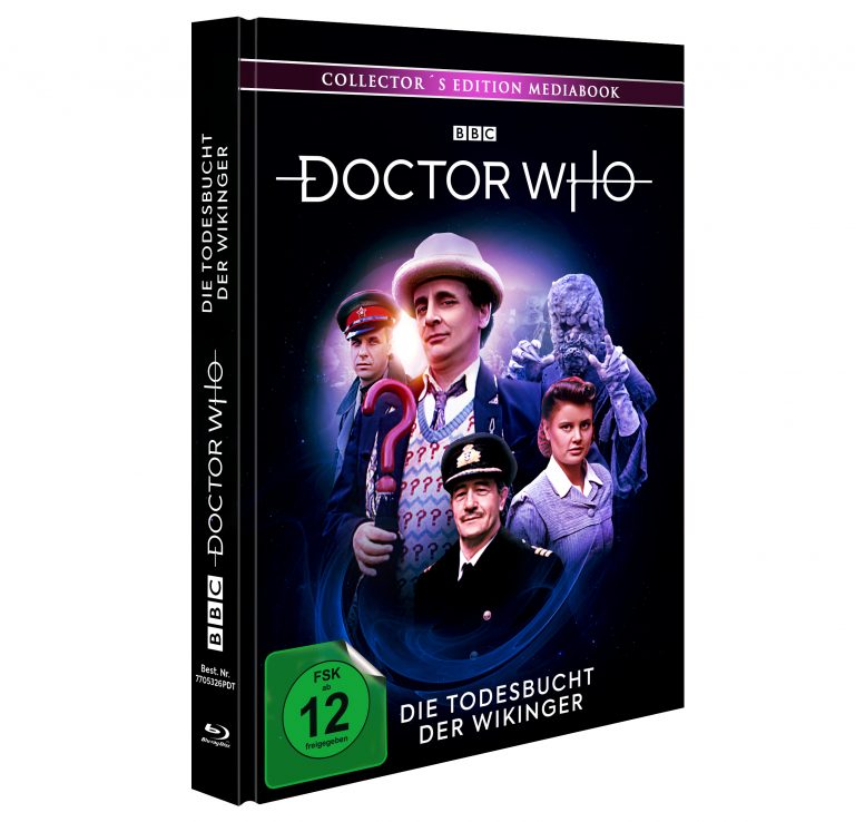 Doctor Who – Die Todesbucht der Wikinger (Collector's Edition Mediabook). Das Cover zeigt den siebten Doctor (Sylvester McCoy) mit Fragezeichenstock, umgeben von Charakteren und Monstern aus der Episode. Veröffentlicht von der BBC, inklusive Blu-ray, FSK 12 freigegeben.