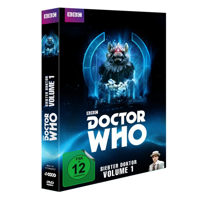 Doctor Who – Siebter Doktor Volume 1 (DVD). Das Cover zeigt den siebten Doctor (Sylvester McCoy) und einen außerirdischen Gegner vor einem futuristischen, blauen Hintergrund. Veröffentlicht von der BBC, FSK 12 freigegeben.