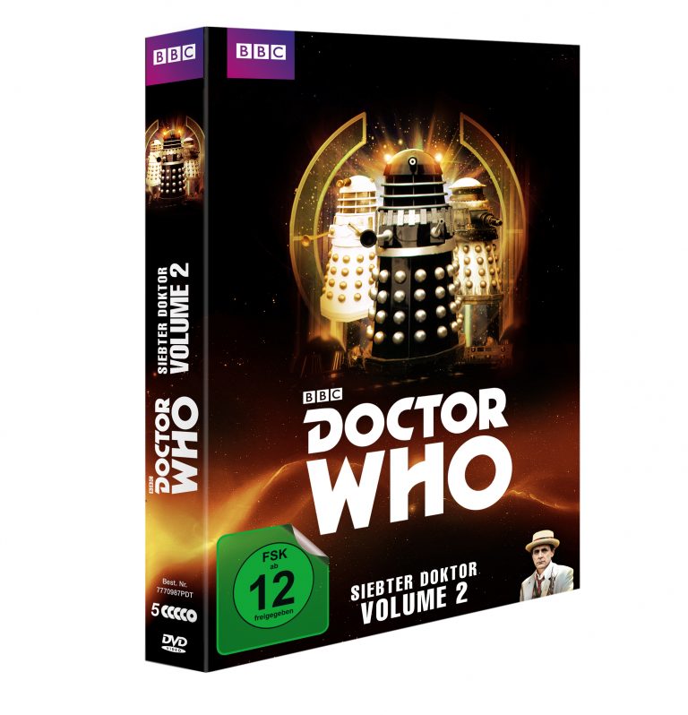 Doctor Who – Siebter Doktor Volume 2 (DVD). Das Cover zeigt den siebten Doctor (Sylvester McCoy) und mehrere Daleks vor einem goldenen, futuristischen Hintergrund. Veröffentlicht von der BBC, FSK 12 freigegeben.