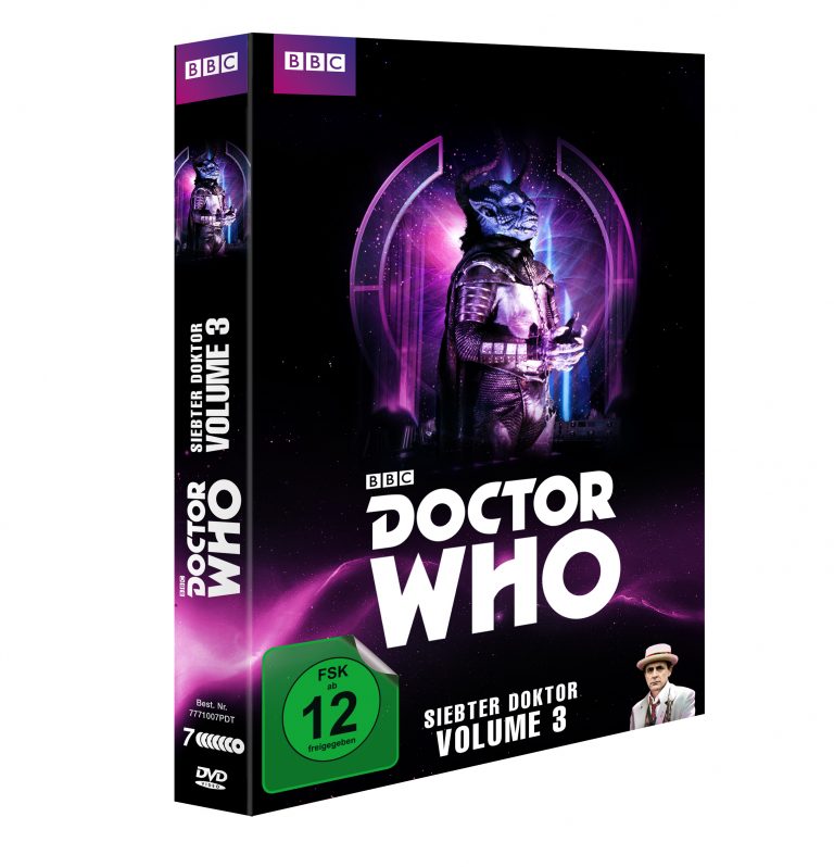 Doctor Who – Siebter Doktor Volume 3 (DVD). Das Cover zeigt den siebten Doctor (Sylvester McCoy) und einen finsteren außerirdischen Gegner vor einem futuristischen Hintergrund in Lila und Schwarz. Veröffentlicht von der BBC, FSK 12 freigegeben.