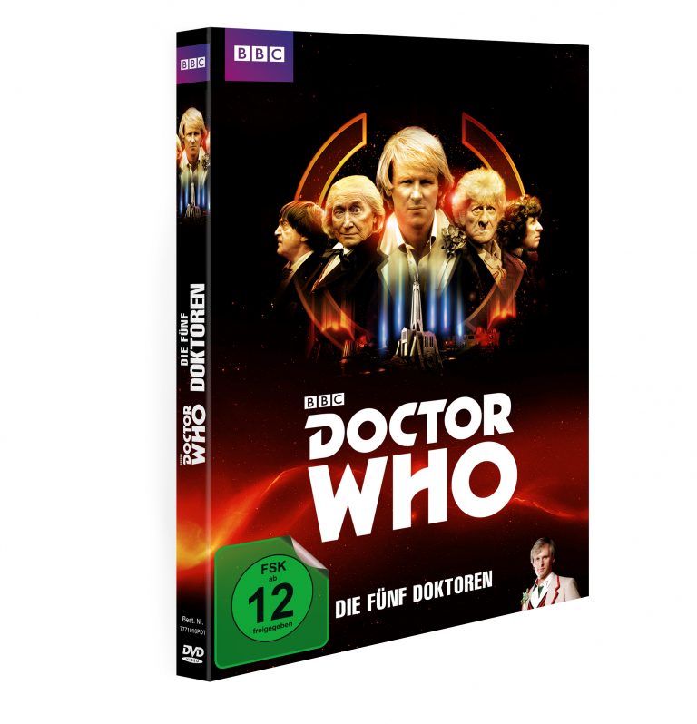 DVD-Cover von Doctor Who: Die Fünf Doktoren. Jubiläumsspecial mit den ersten fünf Inkarnationen des Doktors in einer epischen Story. BBC-Edition mit FSK 12 Freigabe.