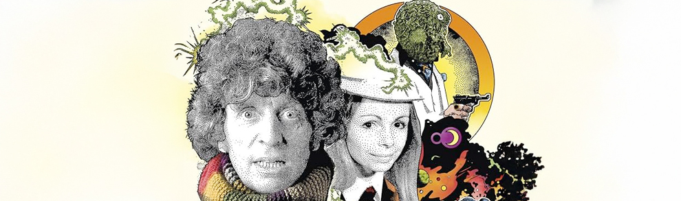 Stilisiertes Artwork zur Doctor Who-Episode City of Death: Im Vordergrund der Vierte Doctor (Tom Baker) mit ikonischem Schal und Romana II (Lalla Ward), im Hintergrund ein Scaroth der Jagaroth in Menschengestalt mit gezogener Waffe, umgeben von surrealen Elementen und psychedelischer Farbgebung.