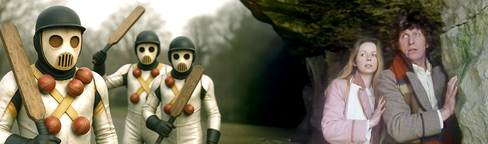 Fotomontage zu Doctor Who and the Krikkitmen: Links drei Krikkitmen-Roboter mit Cricket-Schlägern in bedrohlicher Haltung, rechts der Vierte Doctor (Tom Baker) und Romana II (Lalla Ward), die sich in einer Höhle verstecken.