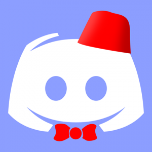 Logo des Discord-Servers ‚Doctor Who Deutschland‘: Das klassische Discord-Symbol in Weiß auf hellblauem Hintergrund, ergänzt um eine rote Fez-Mütze und eine schwarze Fliege – inspiriert vom elften Doctor. Der Server wurde 2018 gegründet und ist eine aktive Plattform für deutschsprachige Fans der Serie Doctor Who.