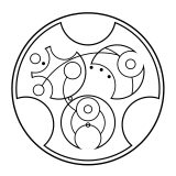 Logo der Plattform ‚Home for Whovians‘: Ein kreisförmiges, schwarz-weißes Symbol im Stil der gallifreyanischen Schrift aus Doctor Who. Die 2023 gegründete Community bietet deutschsprachigen Fans Watchalongs, Diskussionen und Infos rund um Conventions und Streaming.